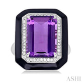 14x10 MM Emerald Cut Amethyst and 1/5 Ctw Round Cut Diamond Halo & Black Enamel Border Semi-Precious Ring in 14K White Gold